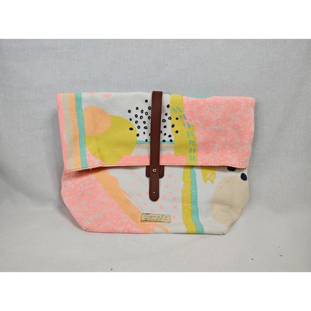Benefit Canvas Makeup Bag Make-up Pouch Carrier Leather Strap‎ Pastel 12 X 8